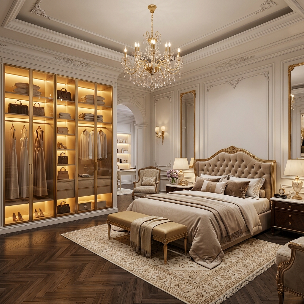 Phòng ngủ tân cổ điển tủ kính