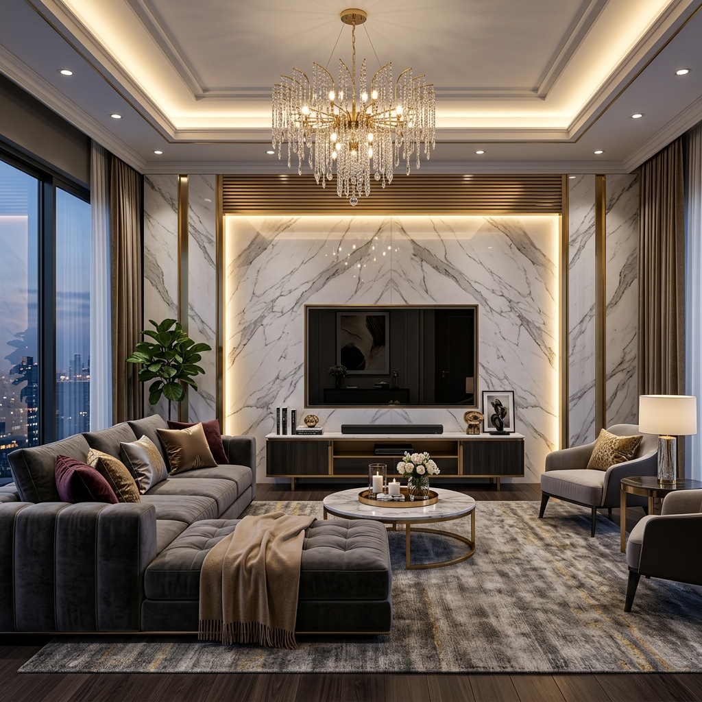 Phòng khách luxury ốp đá marble